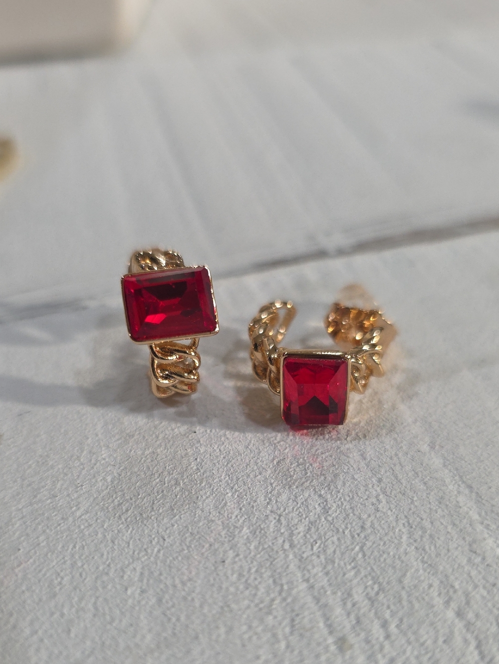 14k Rose Gold Plated Twist Hoop Earrings with Red Square Gemstones